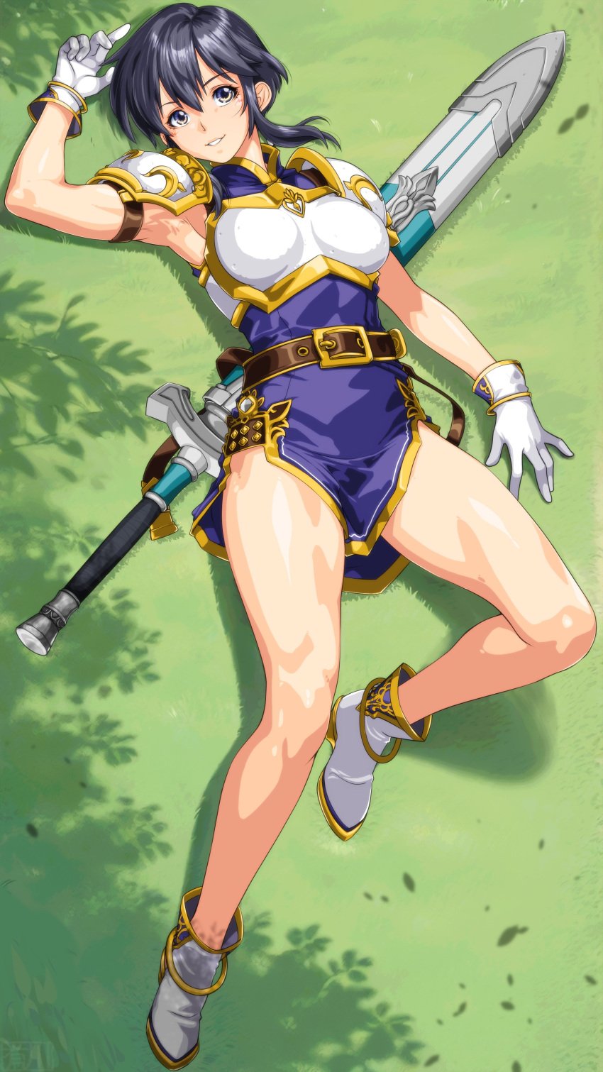 1girls absurdres armor armpits bare_legs belt black_hair blush boots breastplate commission female female_only fire_emblem fire_emblem:_genealogy_of_the_holy_war gloves grass groin highres larcei_(fire_emblem) legs looking_at_viewer lying nintendo on_back on_ground outdoors purple_eyes purple_tunic qkat_(arikawa-dou) sheath sheathed short_hair shoulder_armor sidelocks skeb_commission sleeveless smile solo sword thighs tomboy tunic weapon