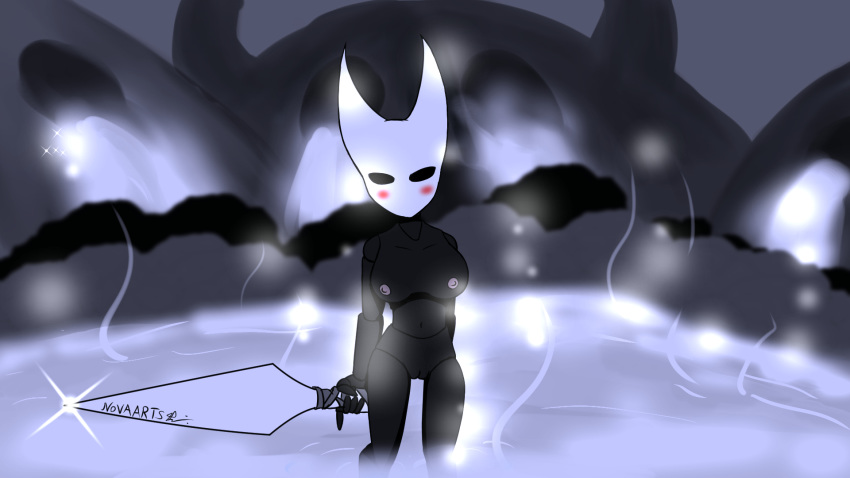 16:9 anthro arthropod black_body blush breasts digital_media_(artwork) female genitals hi_res hollow_knight hornet_(hollow_knight) hot_spring humanoid insects looking_at_viewer nipples novaarts nude pussy simple_background solo team_cherry video_games water widescreen