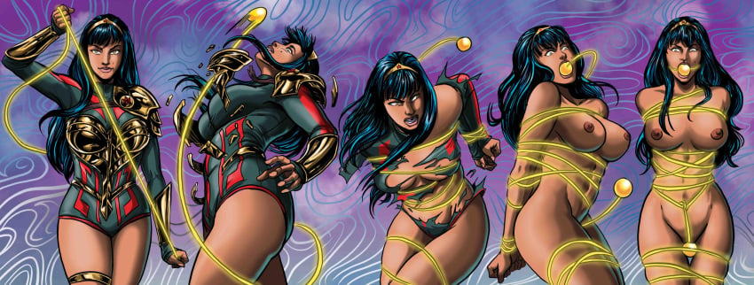 1girls abs abstract_background armor ball_gag beauty_mark big_breasts black_hair blackprof bola bondage breasts captured captured_heroine comission dark-skinned_female dark_skin dc dc_comics destroyed_clothing female female_only femsub gag gold_eyes golden_boleadoras hi_res long_hair magic_bondage nipples nude nude_female restrained rope rope_bondage sequence skindentation stripped stripped_naked superheroine tiara toned toned_female torn_clothes wonder_girl wonder_woman_(series) yara_flor