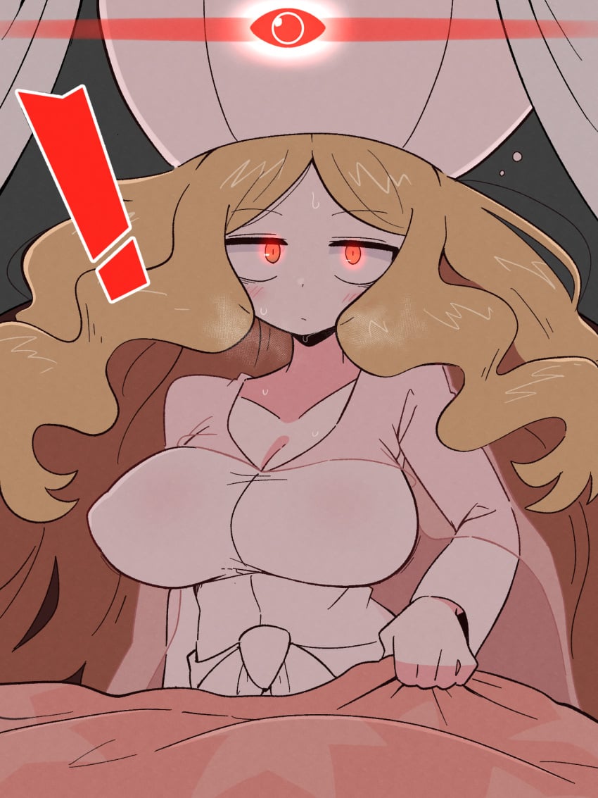 ! 1girls alpha_pokemon alternate_breast_size blanket blonde_hair breasts caitlin_(pokemon) cape cleavage closed_mouth collarbone dress game_freak glowing glowing_eyes hat highres kurachi_mizuki large_breasts long_hair long_sleeves looking_at_viewer nintendo parted_bangs pink_cape pink_hat pokemon pokemon_bw red_eyes see-through_cape solo sweat very_long_hair