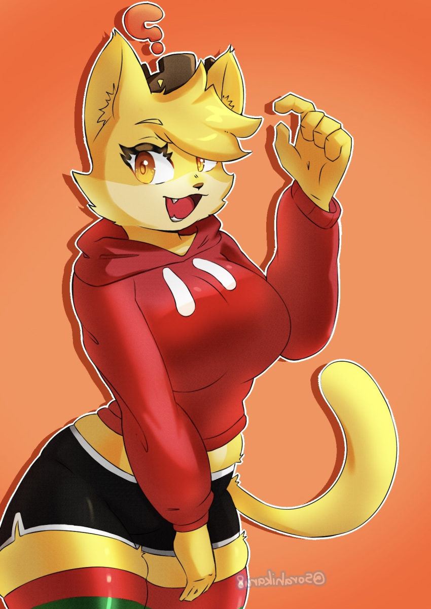 1girls 2024 2024s anthro artist_request belly_button big_breasts breasts caseyleele crop_top fang female female_focus female_only fur furry furry_female happy hoodie navel open_mouth orange_background orange_eyes orange_fur red_hoodie short_shorts shorts simple_background suggestive tail thick_thighs thighhighs thighs tongue wide_hips yellow_body yellow_fur