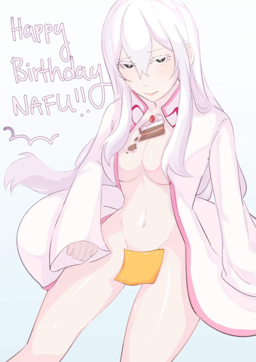 birthday birthday_cake black_eyes breasts cake cake_slice censored cheese cleavage curvy echidna_(re:zero) female food hair_between_eyes highres huge_breasts long_sleeves looking_at_viewer midriff re:zero_kara_hajimeru_isekai_seikatsu riin(yjirch) robe sitting smile thick_thighs thighs white_hair wide_hips