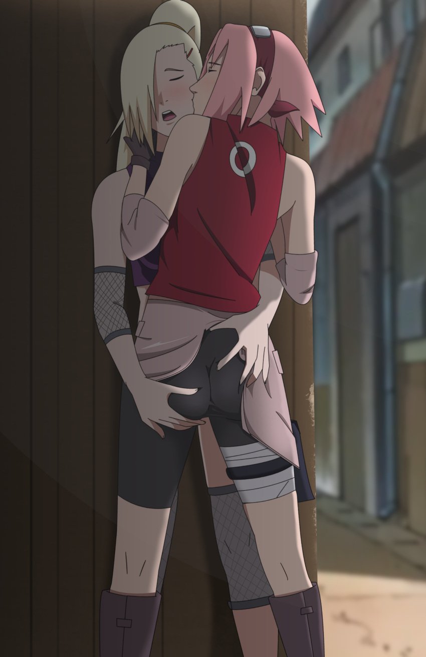 2d 2girls ass_grab blonde blonde_female blonde_hair blonde_hair_female closed_eyes eyes_closed female female/female female_on_female female_only footwear full_color fully_clothed girl_on_girl girls girls_only grabbing_another's_ass grabbing_ass human ino_yamanaka kissing kissing_cheek lesbian multiple_girls naruto no_penetration only_female optimystic pink_hair pink_hair_female pleasure_face sakura_haruno sakura_haruno(shippuden) yuri