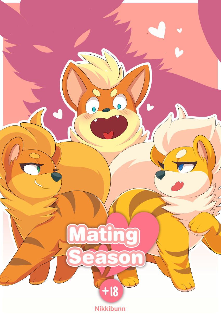 absurd_res alpha_(mating_season) arcanine ass cover female group growlithe gunther_(mating_season) happy hi_res looking_back looking_pleasured male male/female nikkibunn nintendo pokemon pokemon_(species) raised_tail seductive smug squish stumbling tail