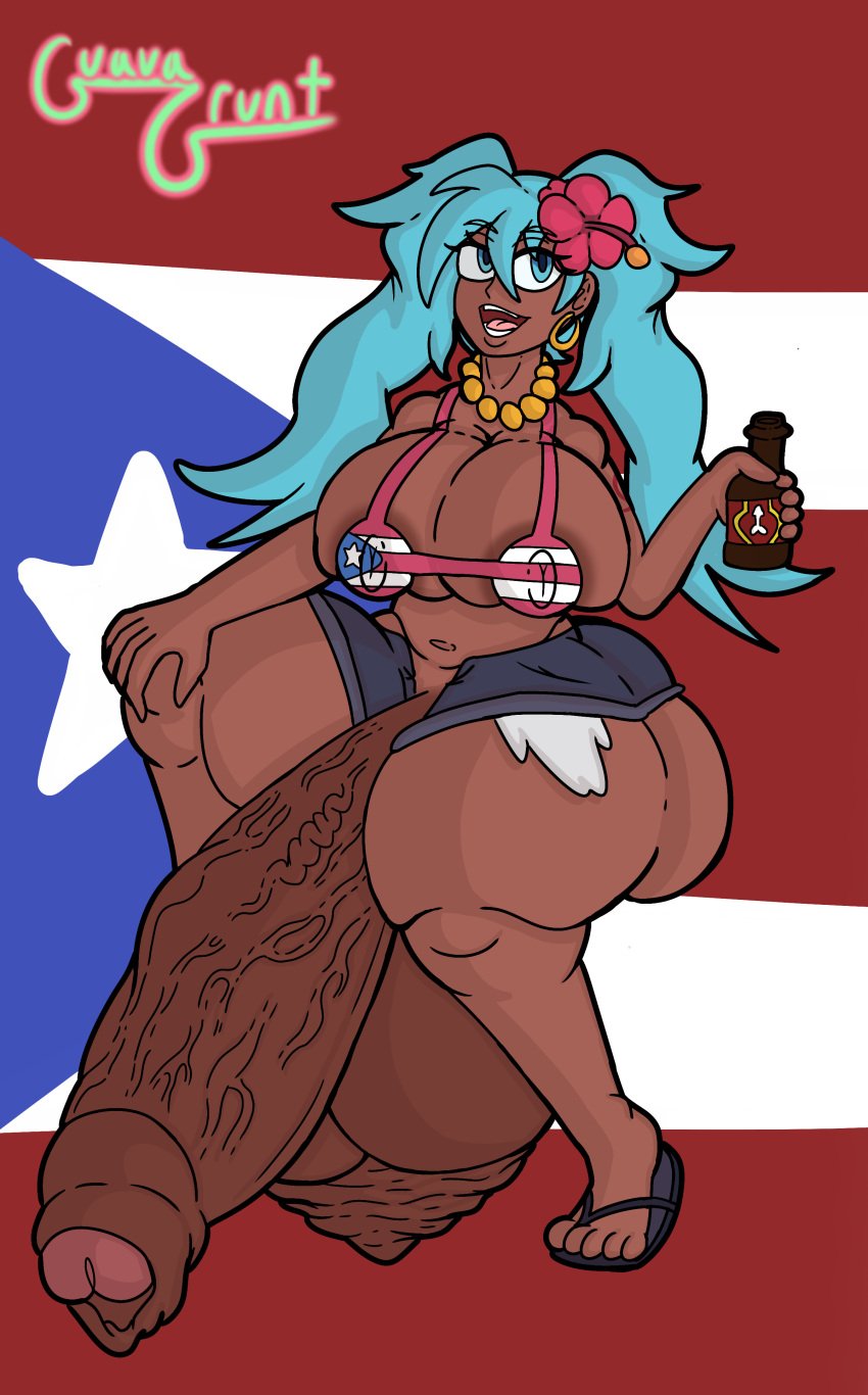 1futa 2d afrolatina asian_latina background big_ass big_balls big_breasts big_penis bikini_top blue_eyes bottle clothed clothed_futanari clothing dark-skinned_futanari dark_nipples dark_skin drink flag flag_background flag_print foreskin foreskin_overhang futa_only futanari guavagrunt hatsune_miku holding_bottle holding_object huge_ass huge_balls huge_breasts huge_cock latin_american_hatsune_miku_(meme) meme nipple_bulge nipples nipples_visible_through_clothing open_shorts puerto_rican_miku sandals scrotum shorts smile solo solo_futa tan_body teal_hair thick_thighs thighs twintails veiny_penis vocaloid