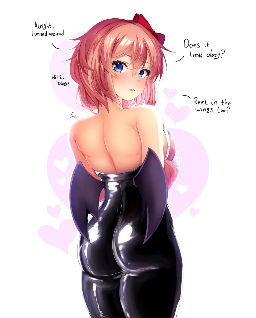 1female 1girls ass back back_view blue_eyes bow butt cosplay crossover crossover_cosplay doki_doki_literature_club english_text female_focus hair_bow hairbow onyxvoyd red_bow red_hair_bow red_hairbow rouge_the_bat_(cosplay) sayori_(doki_doki_literature_club) sega solo_focus sonic_(series) sonic_the_hedgehog_(series) strawberry_blonde_hair text