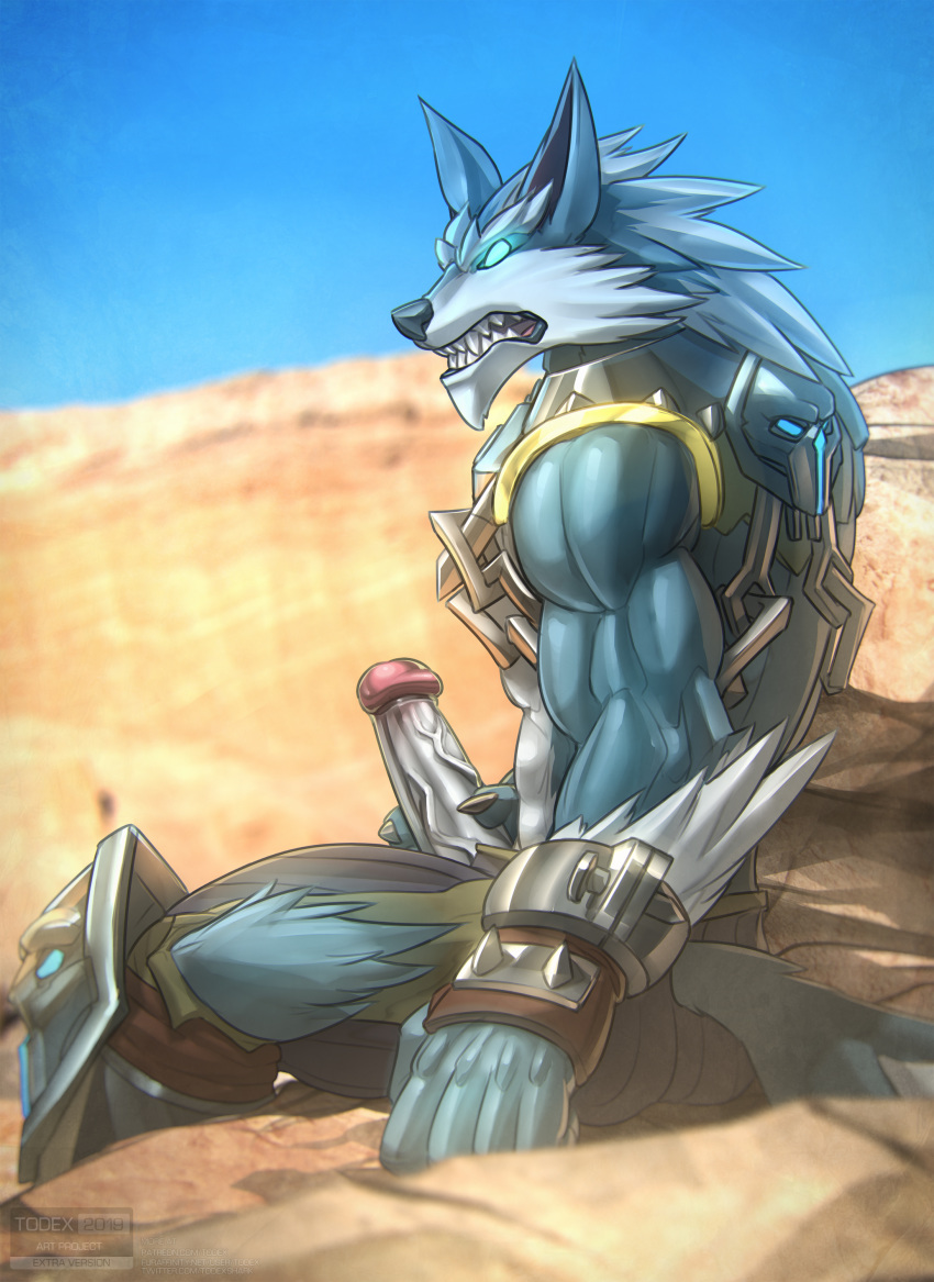 2019 absurd_res anthro armor biceps blue_body blue_eyes blue_fur bottomwear canid canine canis claws clothed clothing colored detailed_background digital_media_(artwork) erection full_moon_viktor fur gay genitals handwear hi_res humanoid_genitalia humanoid_penis looking_at_viewer male male_only mammal masturbation muscular muscular_anthro muscular_male paladins pants penile penile_masturbation penis shaded sharp_teeth sitting solo teeth todex viktor_(paladins) were werecanid werecanine werewolf white_body white_fur wolf yaoi