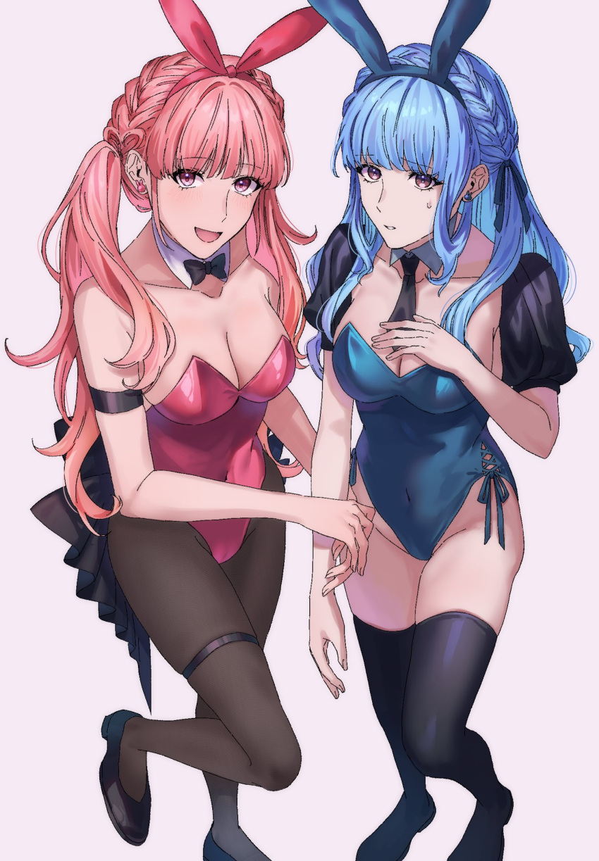 2girls :d alternate_costume alternate_hairstyle animal_ears blue_hair bowtie braid breasts bunny_ears bunny_girl bunnysuit cleavage crown_braid detached_collar fake_animal_ears female fire_emblem fire_emblem:_three_houses highres hilda_valentine_goneril large_breasts leotard long_hair marianne_von_edmund multiple_girls open_mouth pantyhose pink_hair playboy_bunny rabbit_ears smile strapless strapless_leotard thigh_strap tomo_shirasu twintails wrist_cuffs