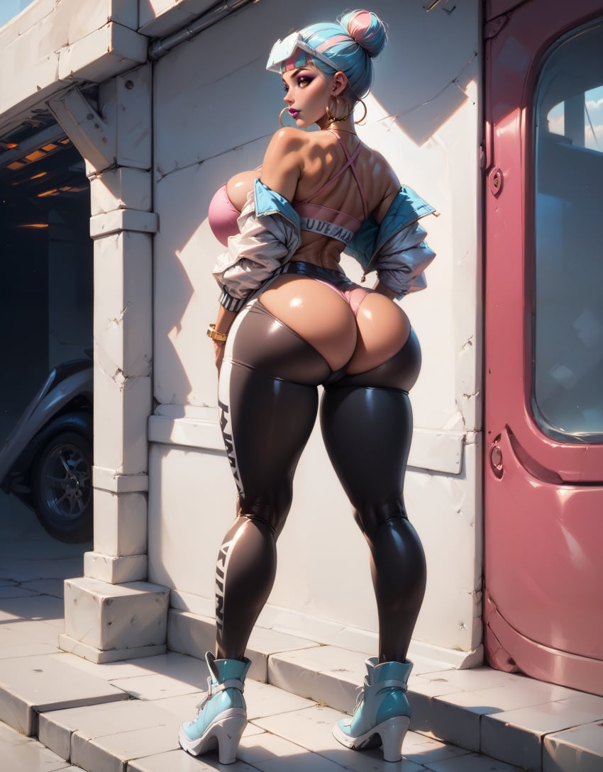 1girls ai_generated big_ass big_breasts bra huge_ass league69 league_of_legends leggings looking_at_viewer looking_back makeup multicolored_hair qiyana_yunalai sideboob sweats thick_thighs