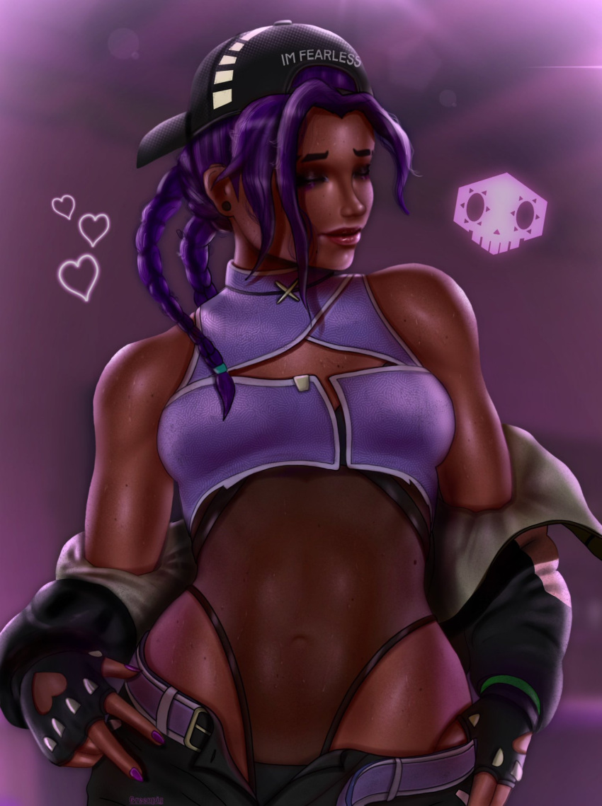 1girls antifragile_slay_star clothed female female_only greenpig117 hat le_sserafim lesserafim overwatch_2 purple_hair solo sombra stomach tagme undressing