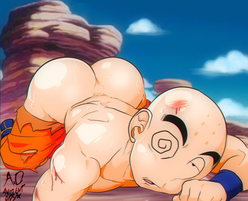 1boy ancient-onyx ass bald bruise dragon_ball krillin kuririn lying male_focus male_only outdoors solo torn_clothes