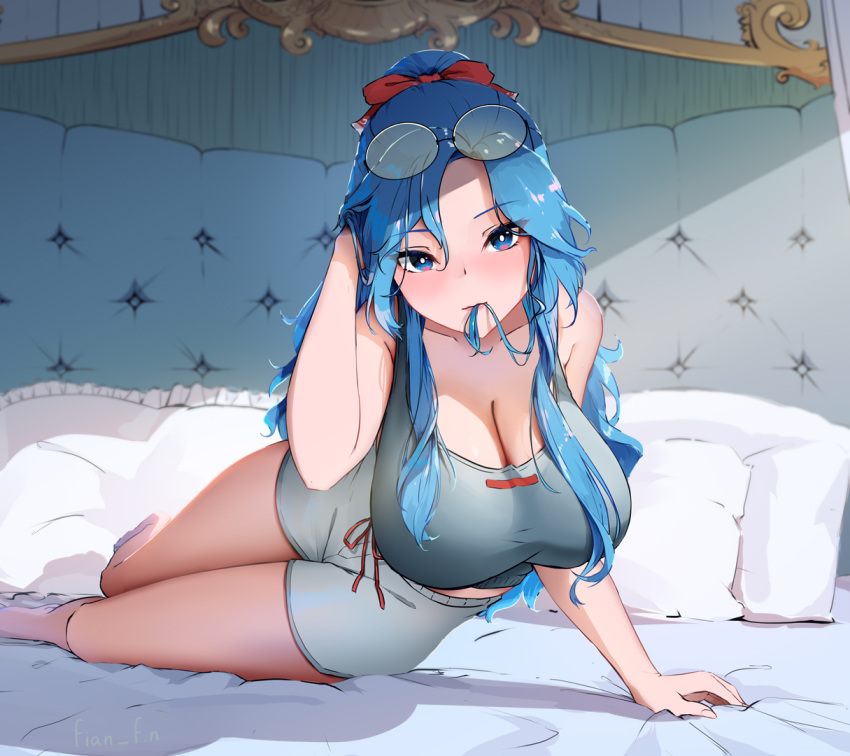 1girls bed bedroom blue_eyes blue_hair blush breasts clothed clothing female female_only fian_f.n_(fianfn1) glasses glasses_on_head hair_in_mouth hair_ribbon hololive hololive_indonesia hololive_indonesia_holoh3ro holomilfs huge_breasts indoors light-skinned_female light_skin looking_at_viewer nose_blush on_bed pillows room seductive shella_ngaeru shorts smile solo tank_top virtual_youtuber white_pillows