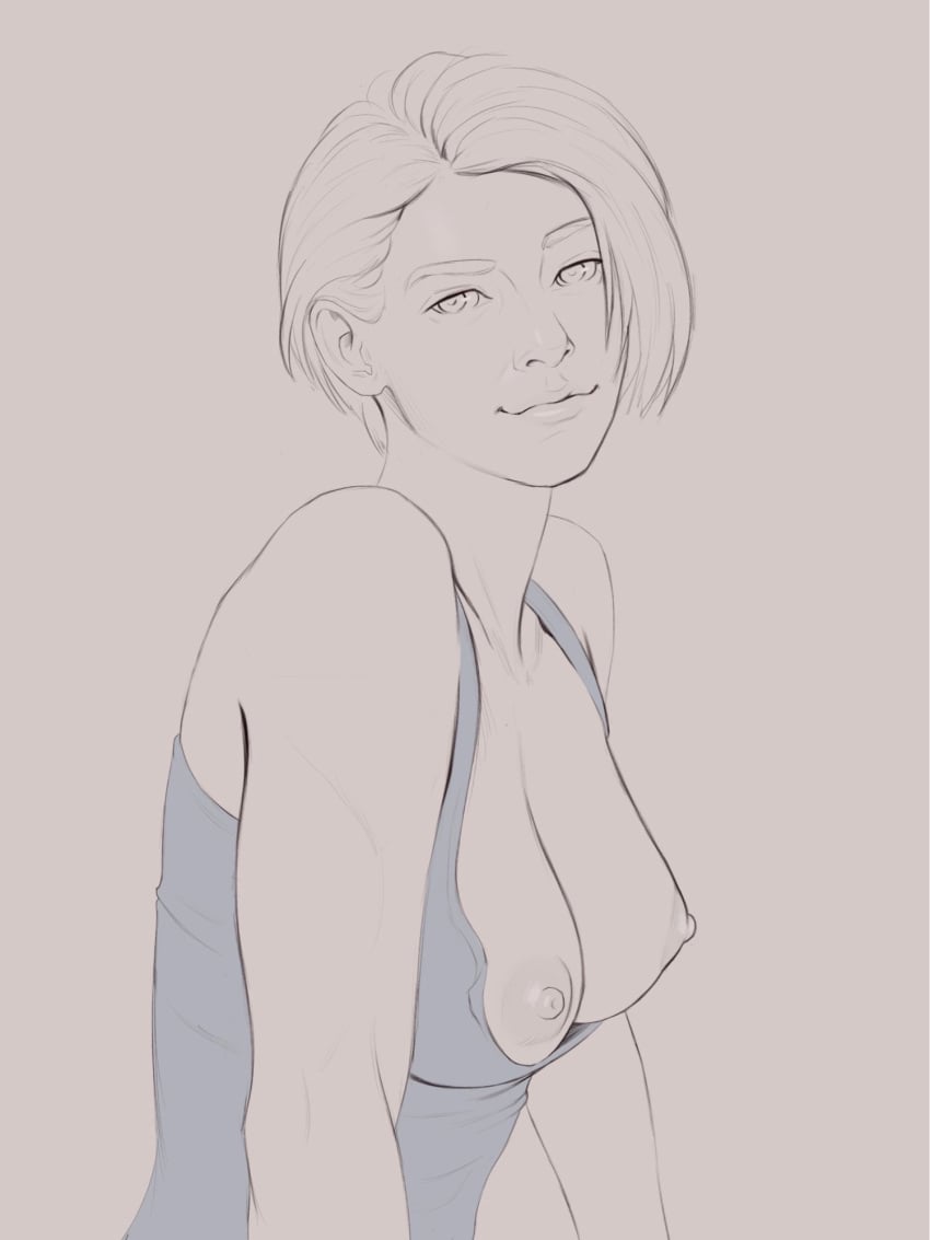 1girls biohazard breasts_out capcom jill_valentine medium_breasts nastacicnsfw portrait resident_evil short_hair solo tank_top wip