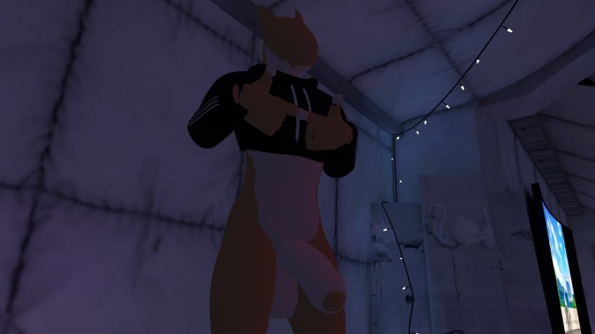 16:9 adidas anthro big_penis bottomless crop_top erection furry hoodie male male_only penis robot scalie solo solo_focus synth_(vader-san) vrchat vrchat_avatar