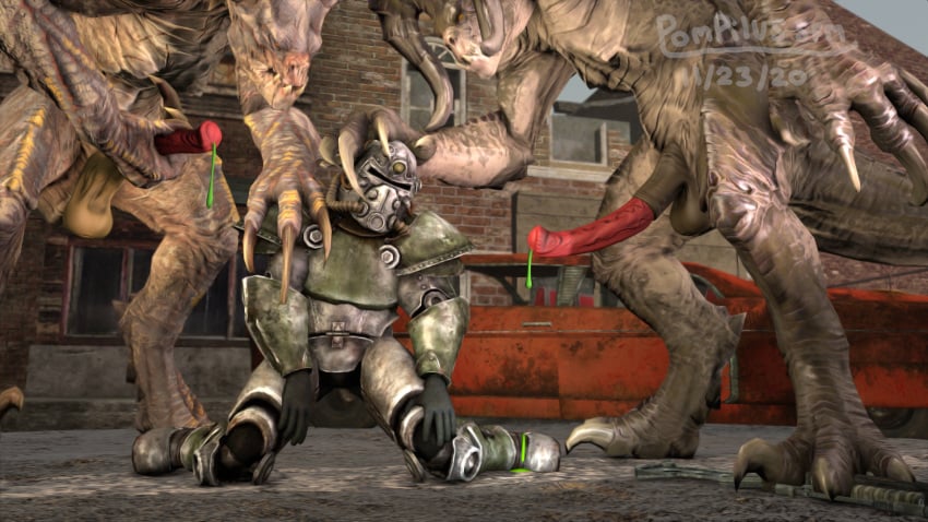 2boys deathclaw defeated defeated_heroine fallout gay green_cum hand_on_another's_head hand_on_shoulder imminent_rape leaking_precum male_deathclaw_(fallout) males_only masked masked_male penis power_armor power_armor_(fallout) sfm source_filmmaker t60_(fallout) yaoi