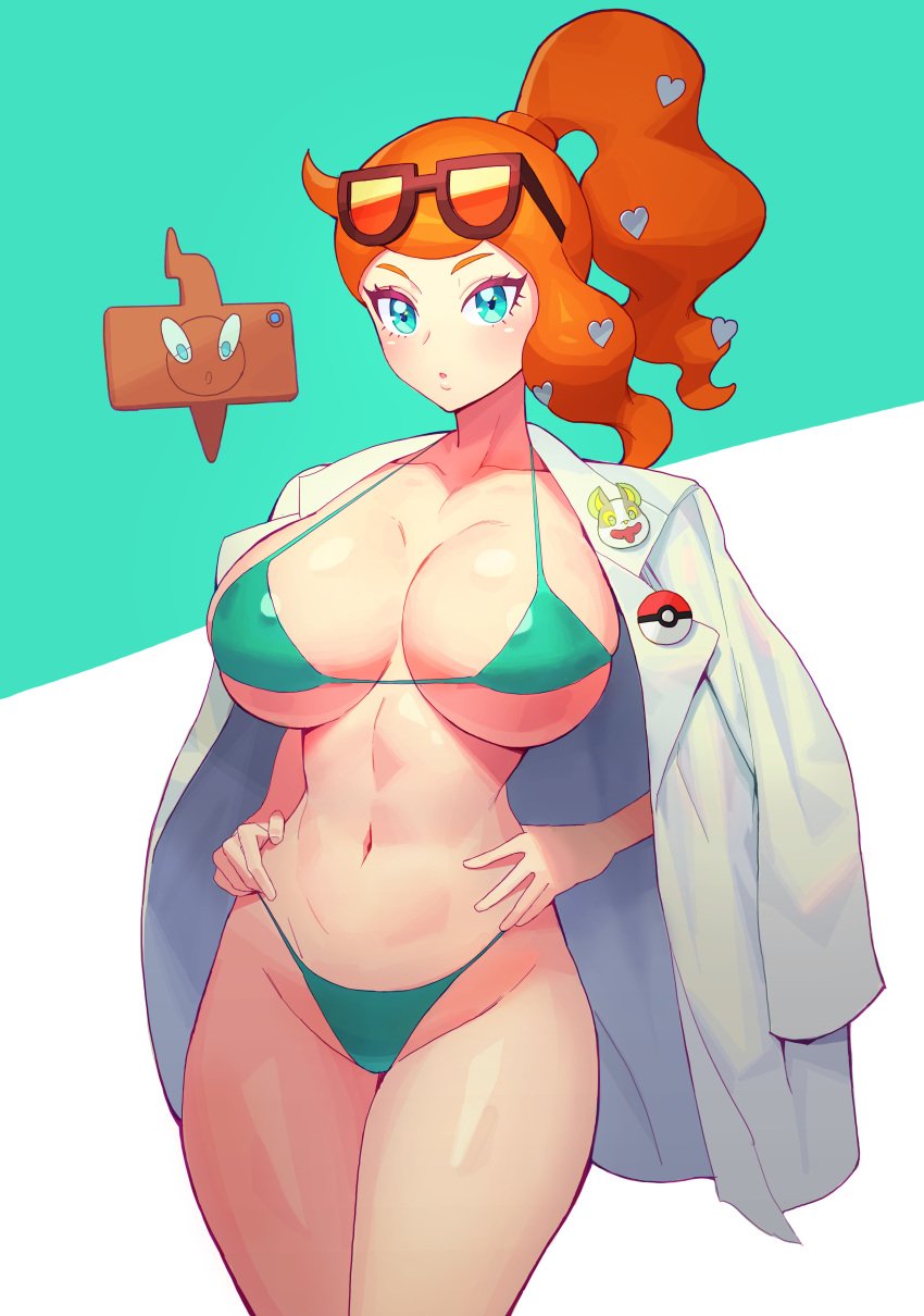 1girls alternate_breast_size aqua_eyes big_breasts bikini blue_eyes breasts cleavage curvy_figure dqnguy eye_contact eyewear_on_head female female_only glasses_on_head heart hourglass_figure huge_breasts human human_only labcoat large_breasts looking_at_viewer micro_bikini navel nintendo orange_hair pieguy pokemon pokemon_professor pokemon_ss ponytail rotom_phone side_ponytail solo sonia_(pokemon) standing sunglasses_on_head swimsuit thick_thighs thighs