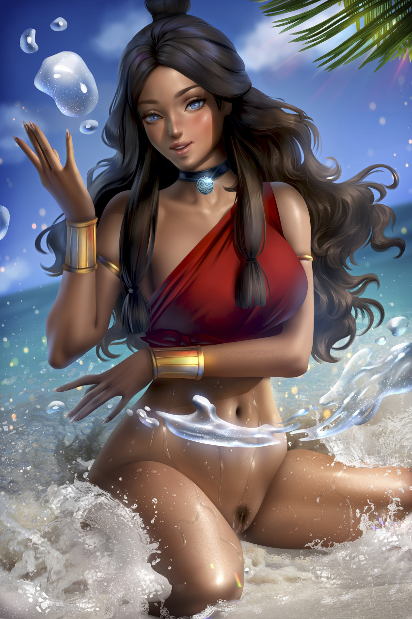 1girls absurd_res aged_up alternate_breast_size arm_under_breasts armlets avatar_legends avatar_the_last_airbender ayyasap bangles bare_shoulders bathing beach big_breasts black_hair blue_eyes bottomless brown_hair busty choker clothing clouds dark-skinned_female dark_skin day female female_only flowing_hair hair_covering_breasts hair_down hands human human_female katara large_breasts lens_flare long_fingernails long_hair looking_at_viewer nickelodeon ocean on_knees outdoors palm_tree pinup pinup_pose pubic_hair pussy sand saree shoreline sideboob sky smile solo splashing splashing_water spray sunlight the_legend_of_korra tied_shirt tropical_setting twintails url vulva water water_tribe waterbending waves wet wet_skin