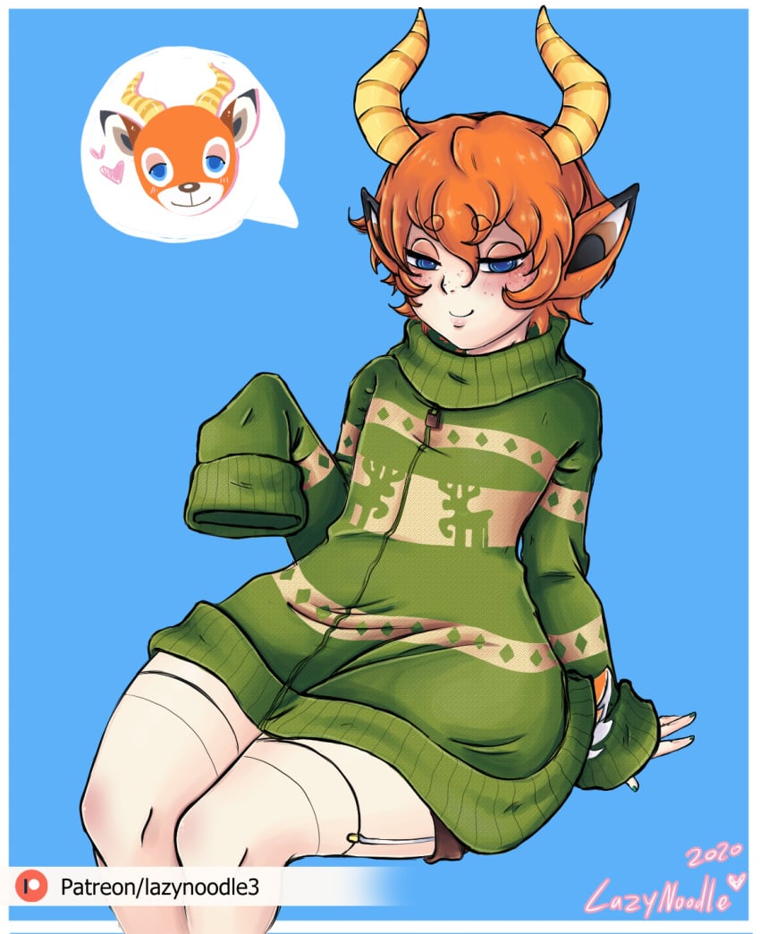 1boy 2020 animal_crossing animal_ears beau_(animal_crossing) blue_eyes clothed clothing femboy freckles fully_clothed gijinka horns human humanized kemonomimi lazynoodle_(artist) male male_only nintendo pale_skin red_hair sissy smile smiling smirk solo solo_male stockings tail thighhighs trap