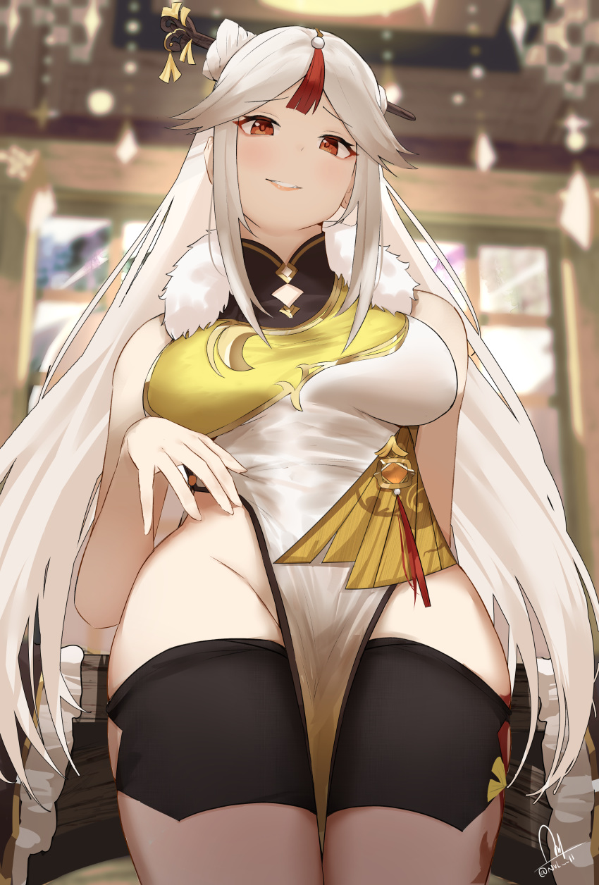 1girls breasts busty china_dress dress female female_only genshin_impact hi_res large_breasts looking_at_viewer naughty_face ningguang_(genshin_impact) no_panties nvl pale-skinned_female pale_skin red_eyes shorts shorts_pull smile undressing white_hair wide_hips