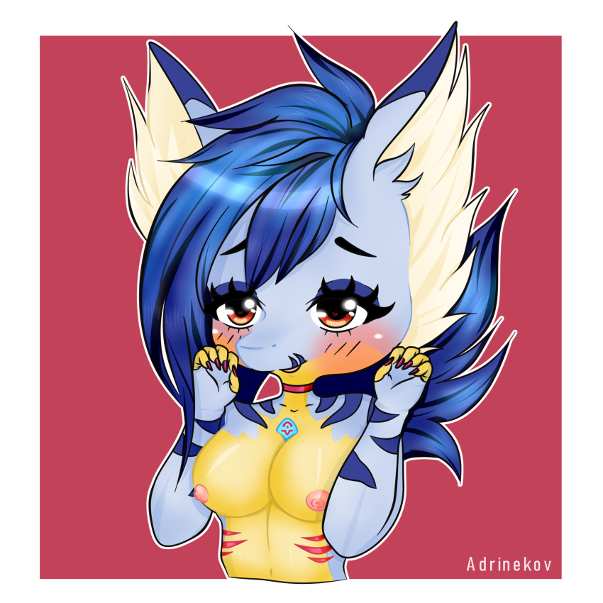 1:1 adrinekov anthro axela breasts chibi digimon digimon_(species) digital_media_(artwork) exposed_breasts female fish gabumon gills glistening glistening_body glistening_skin hair hi_res inner_ear_fluff marine multicolored_body nails nipples nude red_eyes shark solo tuft yellow_body yellow_skin