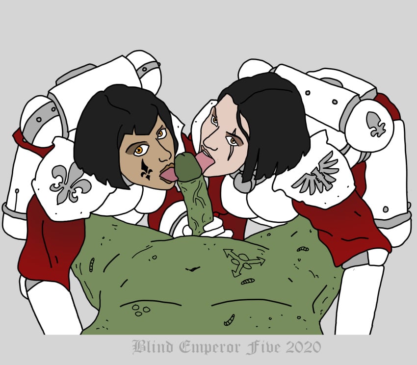 2girls adepta_sororitas armor armour blind-emperor-five blowjob body_armor chaos_(warhammer) clothing cultist decay demon enjoying fellatio female green_skin hetero imperium_of_man licking licking_penis nurgle oral_sex order_of_the_sacred_rose plaguebearer scar scar_across_eye sci-fi sick sister_of_battle threesome warhammer_(franchise) warhammer_40k