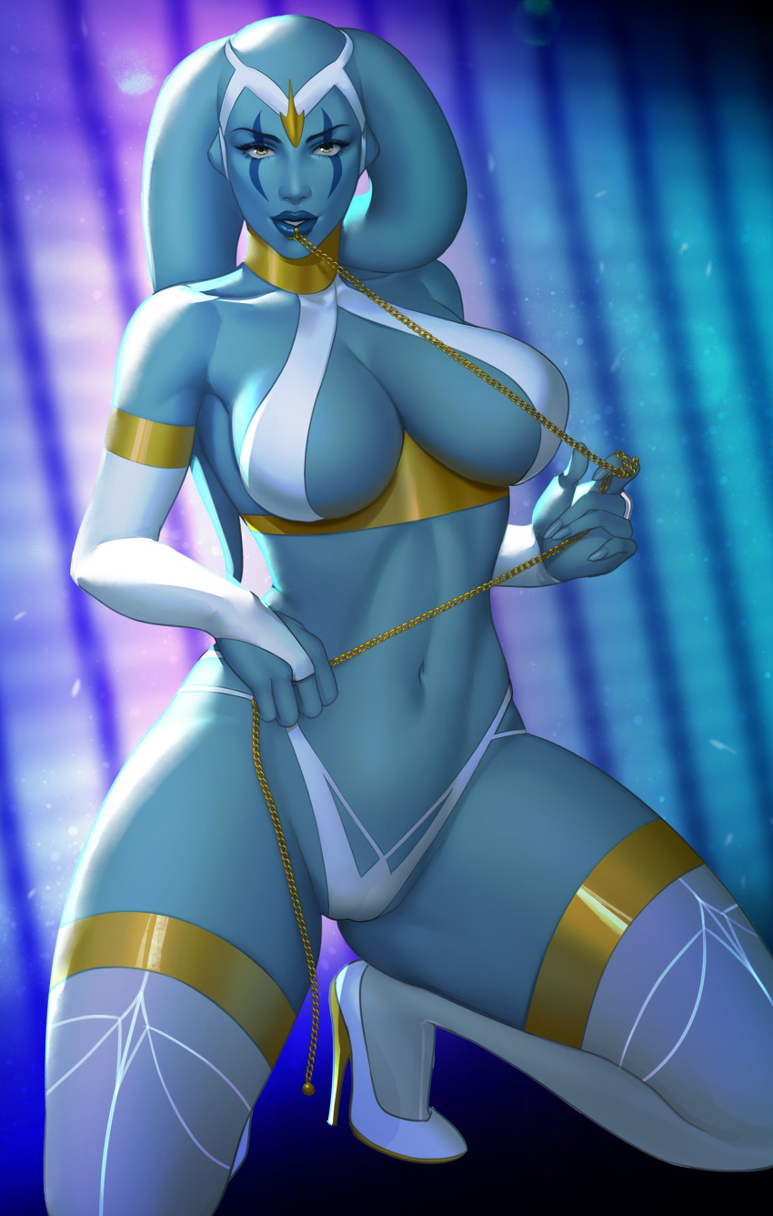 belly blue_skin bocas_top collar detached_sleeves gold_chain grey_eyes grownupjizz high_resolution kneeling large_breasts lip_piercing looking_at_viewer original_character star_wars thong twi'lek voluptuous