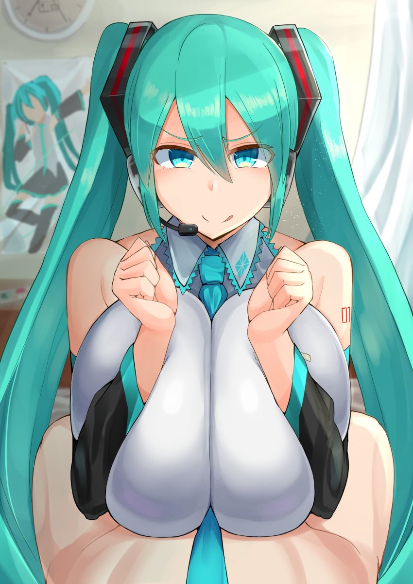 1girls big_breasts blue_eyes blue_hair breasts breasts_together facominn female hatsune_miku huge_breasts large_breasts licking_lips light-skinned_female light_skin long_hair paizuri ponytails vocaloid