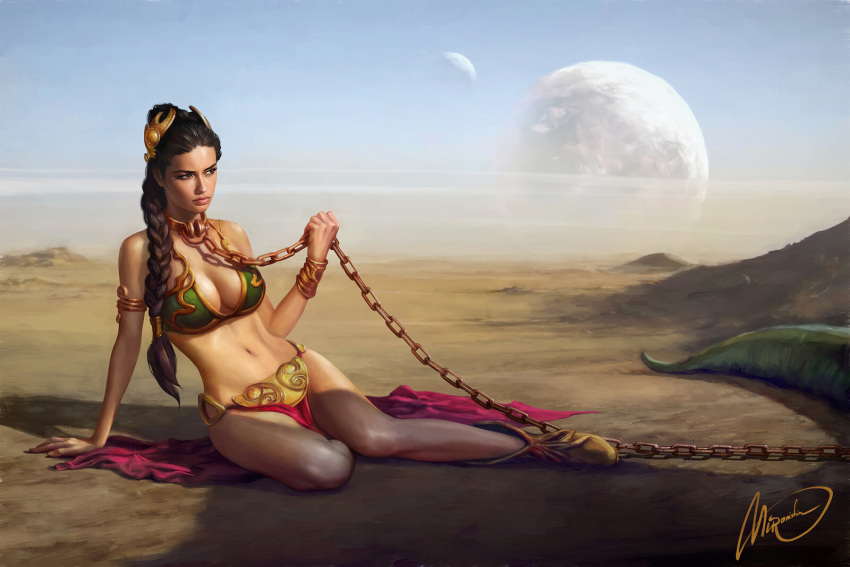 angry armlet belly belly_dancer belly_dancer_outfit boots bra braid breasts brown_eyes brown_hair chain_leash chains cleavage collar dancer dancer_outfit desert enslaved_royal femsub harem_girl harem_outfit hutt jabba_the_hutt large_breasts loincloth long_hair metal_bikini mironishin outdoors princess_leia_organa return_of_the_jedi sad sand sex_slave sitting sitting_on_ground slave slave_bikini slave_collar slave_leia slave_outfit star_wars submissive_female voluptuous