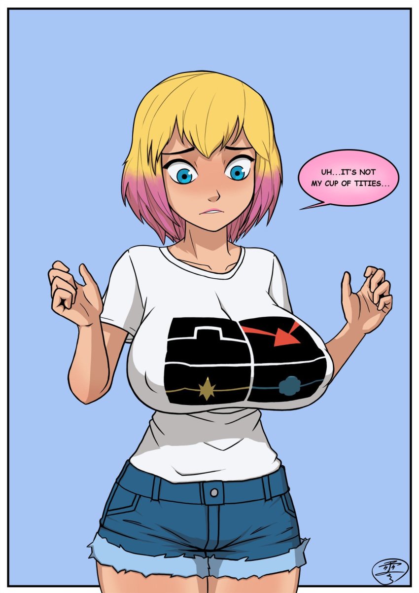 1girls biting_lip clothing cutoff_shorts female female_focus gwen_poole gwenpool gwenpool_(series) huge_breasts human kichatundk marvel marvel_comics nipple_bulge nipples_visible_through_clothing pink_lipstick short_hair two_tone_hair