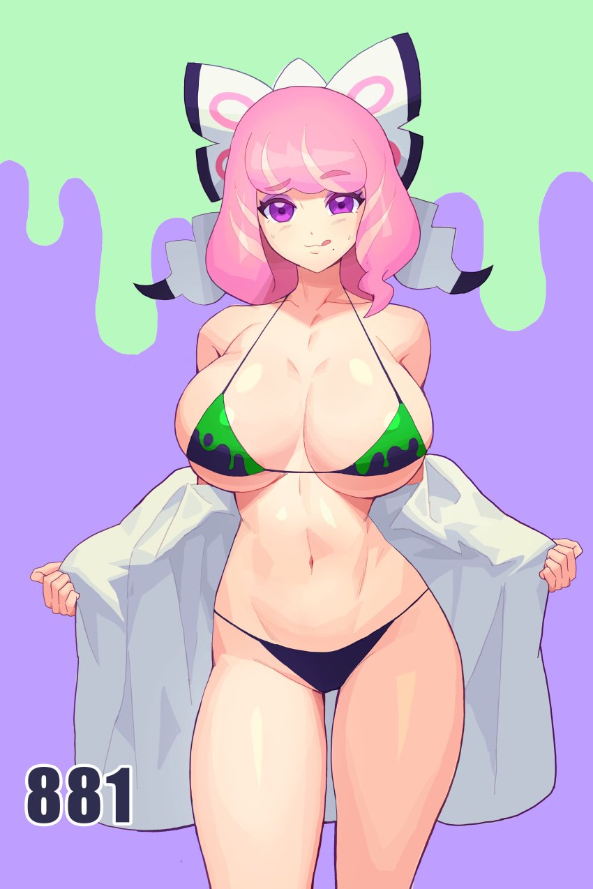 1girls :p alternate_breast_size big_breasts bikini curvy_figure dqnguy eye_contact female hair_ribbon huge_breasts klara_(pokemon) large_breasts looking_at_viewer medium_hair micro_bikini nintendo pieguy pink_hair pokemon pokemon_ss pokemon_ss_isle_of_armor purple_eyes solo standing thick_thighs thighs