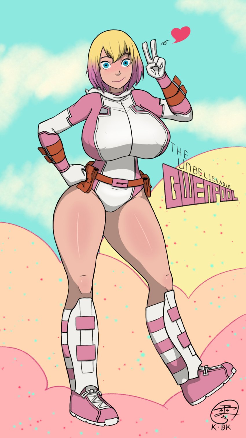 1girls belt blonde_hair cameltoe clothing female female_focus female_only female_superhero footwear fully_clothed gwen_poole gwenpool gwenpool_(series) handwear huge_breasts human kichatundk marvel marvel_comics nipple_bulge nipples_visible_through_clothing short_hair solo spoken_heart superheroine thick_thighs two_tone_hair