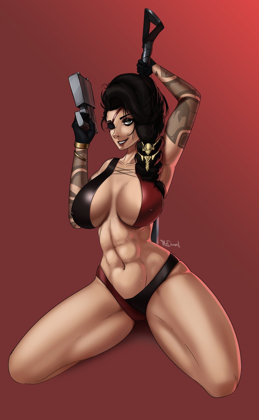 1girls abs bikini black_hair dark_skin eye_patch green_eyes gun kneeling league_of_legends mrdroned muscles muscular_female samira_(league_of_legends) smile sweat sweatdrop sword tattoo