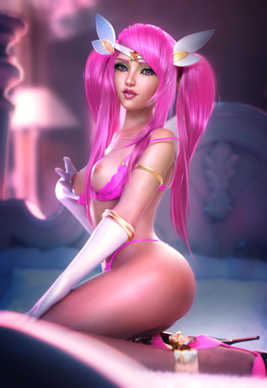 1girls bra breast_hold breasts elbow_gloves female gloves hair_ornament high_heels kneeling league_of_legends long_hair looking_at_viewer luxanna_crownguard nipples open_cup_bra panties pink_eyes pink_hair pinup sevenbees side_view solo star_guardian_lux star_guardian_series twintails