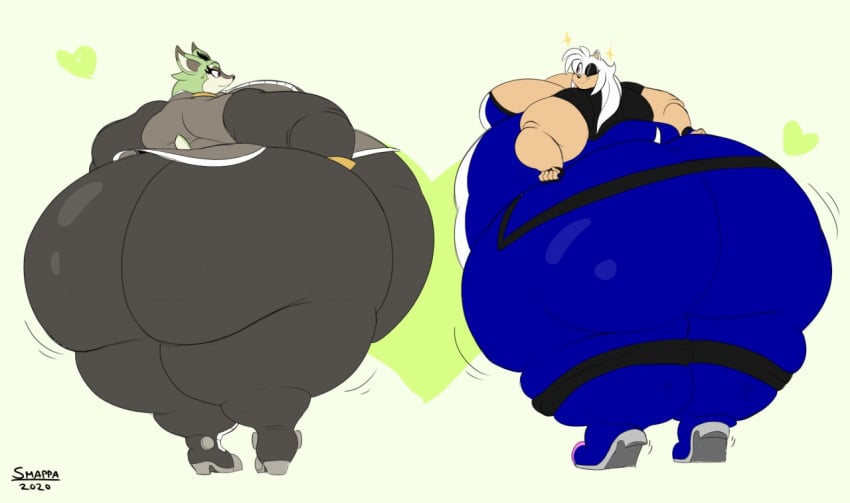 2girls bbw black_pants blue_outfit clove_the_pronghorn commission facing_away facing_away_from_viewer facing_each_other fat_ass fat_belly fat_breasts female green_fur green_hearts grey_coat hedgehog huge_ass huge_belly hyper_fat massive_ass massive_belly mobian_(species) mobian_hedgehog mobian_pronghorn morbidly_obese morbidly_obese_female obese obese_female original_character smappa sonic_(series) sonic_oc sonic_the_hedgehog_(archie) sonic_the_hedgehog_(comics) sonic_the_hedgehog_(series) ssbbw sweatdrop ungulate white_fur white_hair winking