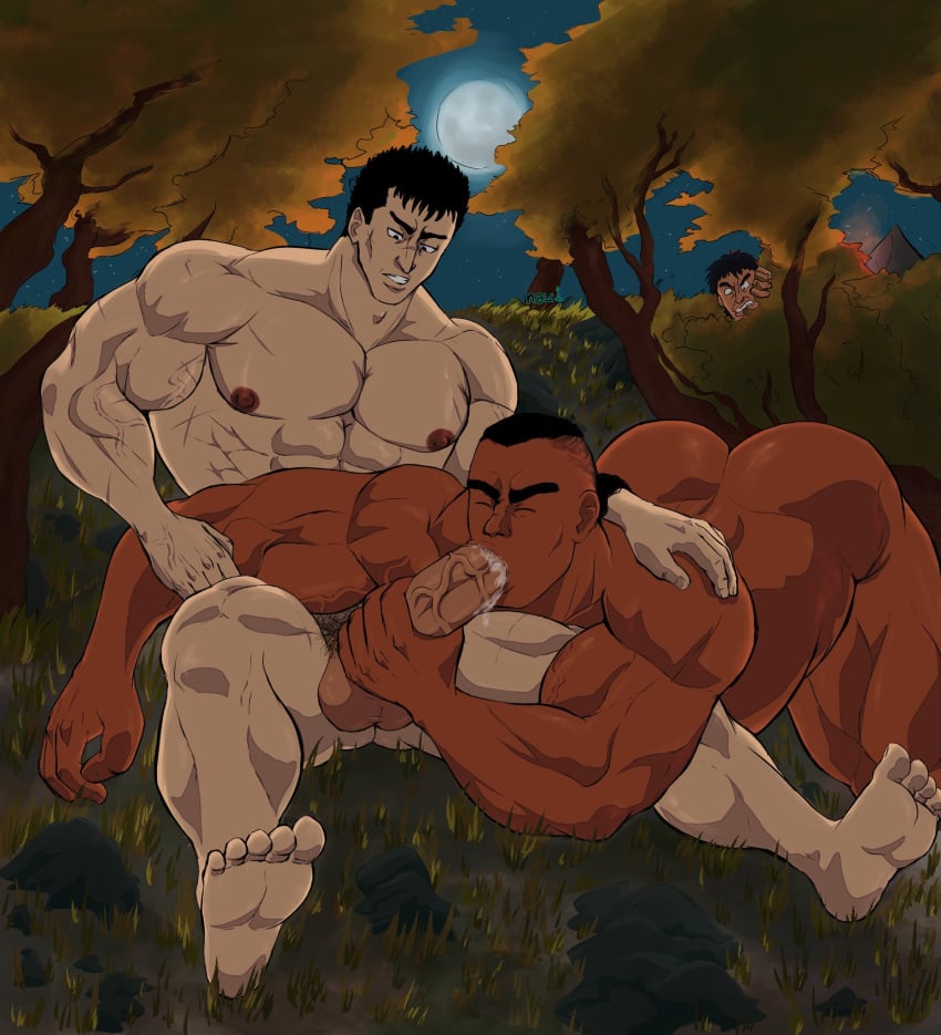 2boys bara barefoot berserk big_penis corkus_(berserk) dark-skinned_male fellatio gay guts_(berserk) male male/male male_only ne0_navi pippin_(berserk) precum yaoi