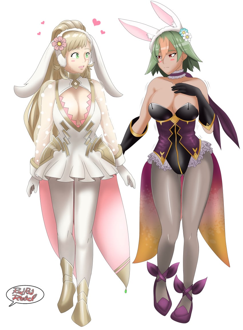 alternate_costume bare_arms bare_shoulders big_breasts blonde_hair blush blush_stickers bunny_ears bunny_girl bunnysuit cleavage collarbone elbow_gloves fire_emblem fire_emblem_heroes gloves green_eyes green_hair laegjarn_(fire_emblem) large_breasts long_hair multicolored_hair nintendo red_eyes redradrebel see-through sharena_(fire_emblem) sharena_(spring)_(fire_emblem) short_hair smile