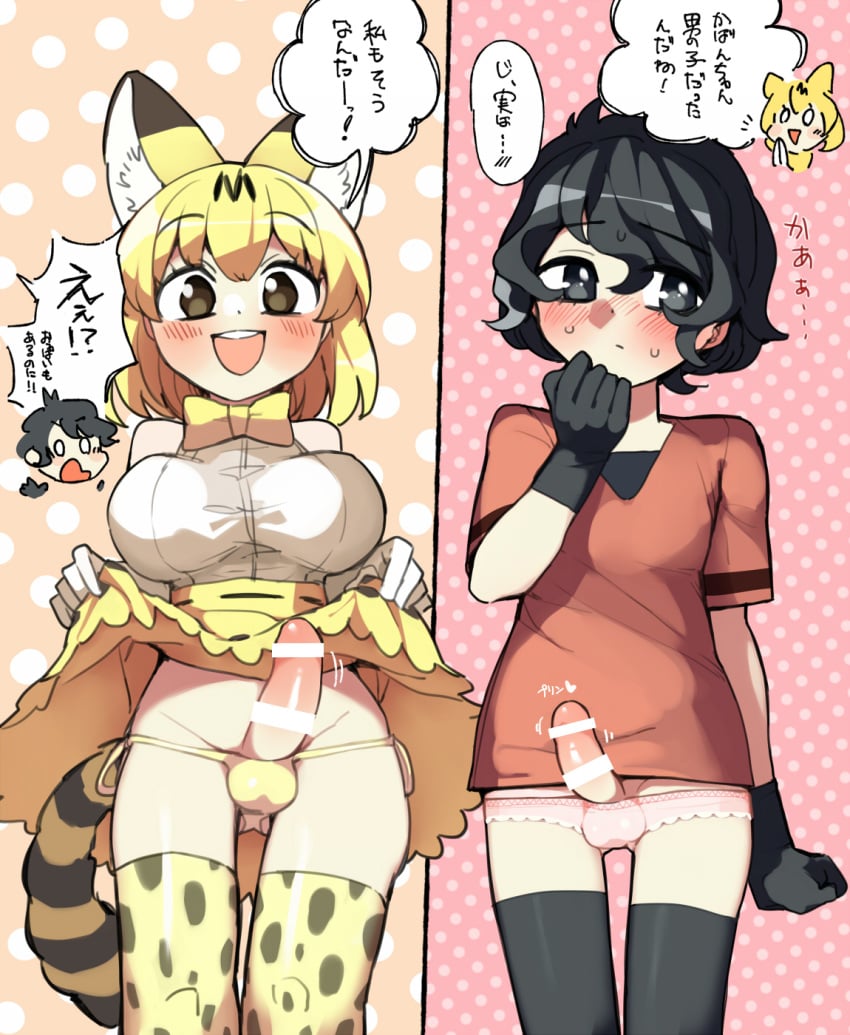 1boy 1futa animal_ears apple12th armwear balls bar_censor breasts censored clothed clothing dialogue duo femboy full-package_futanari futa_is_bigger futanari genderswap_(ftm) human humanoid humanoid_penis japanese_text kaban_(kemono_friends) kemono_friends kemonomimi legwear male pale_skin partially_clothed penis rule_63 serval_(kemono_friends) serval_print_armwear serval_print_legwear text thighhighs trap