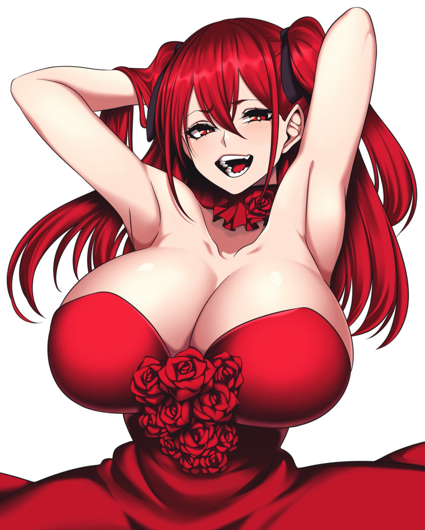 1girls aka_noju armpits arms_behind_head arms_up big_breasts camui_kamui_(hz_666v) cute dress female female_only huge_breasts large_breasts light-skinned_female light_skin long_hair open_mouth original red_dress red_eyes red_hair solo thick thin thin_waist top_heavy voluptuous white_background