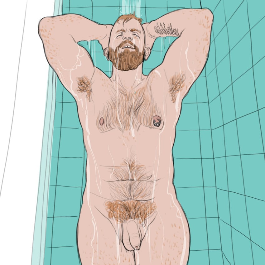 1boy arm_tattoo armpit_hair arms_up balls ballsack bara bathing beard belly body_freckles body_hair burly bushy_pubes chest_hair chubby closed_eyes color completely_nude digital_media_(artwork) facial_hair fat_rolls flaccid_penis foreskin freckles front_view genitals ginger hairy hands_behind_head happy_trail head_up human human_only humanoid_penis intact light_skin male male_nipples male_only male_pubic_hair manly masculine naked nipple_piercing nipple_ring orange_hair osetes_en_su_habitat penis piercing red_hair scrotum shower shower_curtain showering showing_armpits solo solo_male standing tallywhacker tattoo testicles thick_thighs tile_wall uncensored uncut unretracted_foreskin washing water wet wet_body wet_skin wide_hips