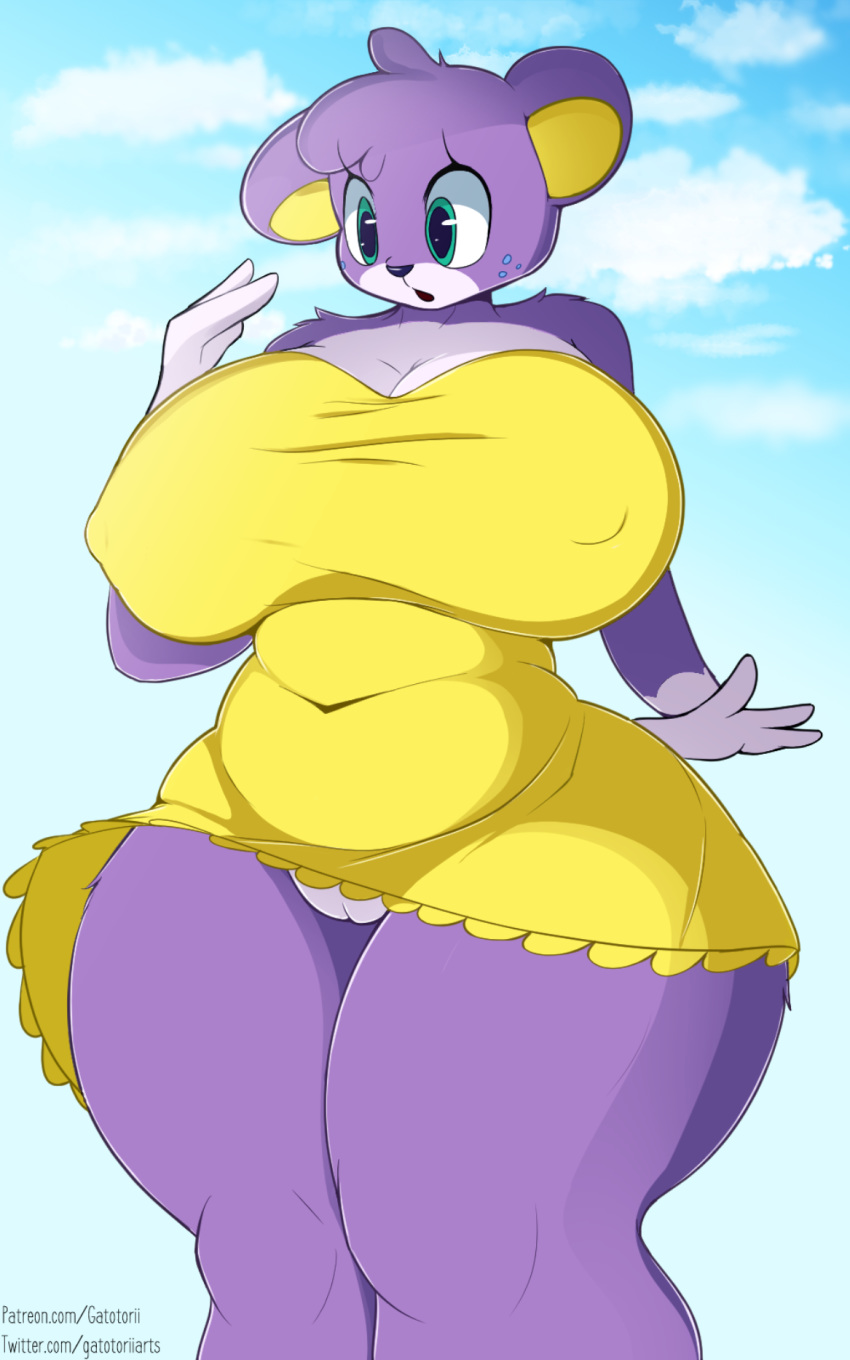 animal_crossing anthro big_breasts breasts cleavage clothed clothing female gatotorii genitals hi_res huge_breasts mammal megan_(animal_crossing) nintendo nipple_outline no_underwear purple_body pussy solo text thick_thighs url ursid wide_hips