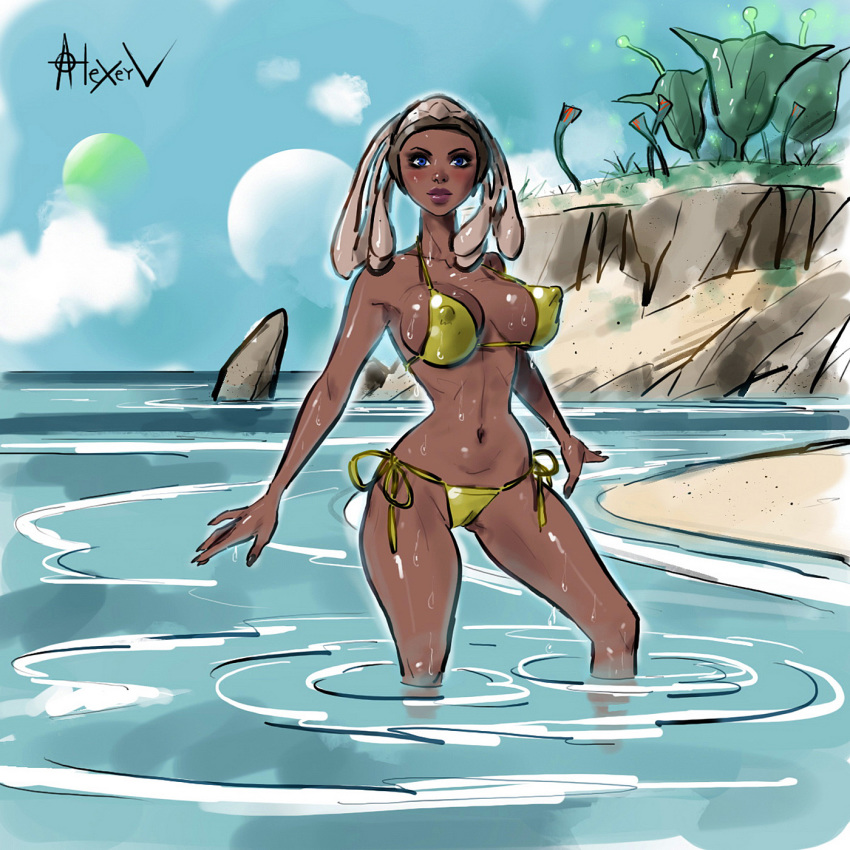 1girls 2d_(artwork) adi_gallia alexeyv beach belly big_breasts bikini blue_eyes dark-skin dark-skinned_female drawn erect_nipples female female_only headdress hourglass_figure jedi solo standing_in_water star_wars tholothian voluptuous water wet