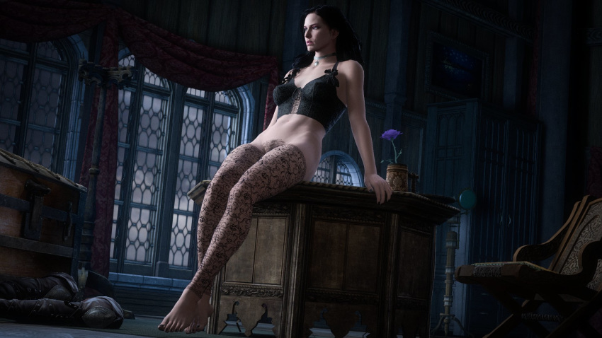 3d a.lias barefoot bra cd_projekt_red clothes_on_floor female female_only flower indoors lace-trimmed_legwear looking_to_the_side no_panties pubic_hair sitting solo the_witcher the_witcher_(series) the_witcher_3:_wild_hunt yennefer