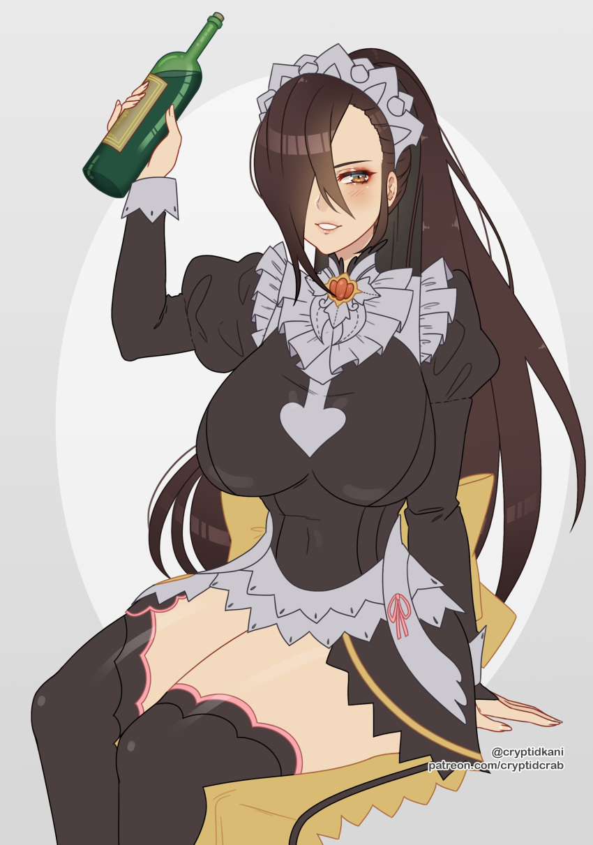 1girls absurdres alternate_costume arm_up bare_thighs black_hair blush bottle breasts brown_eyes brown_hair cryptid_crab fire_emblem fire_emblem_fates fire_emblem_heroes highres inner_thighs kagero_(fire_emblem) kagero_(halloween)_(fire_emblem) large_breasts lips long_hair looking_at_viewer maid maid_headdress maid_uniform nintendo official_alternate_costume one_eye_covered ponytail puffy_sleeves simple_background sitting smile solo solo_female thick_thighs thighhighs wine wine_bottle