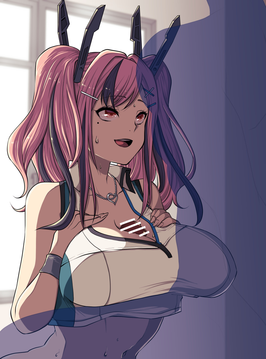 1boy absurdres azur_lane bar_censor black_hair breasts bremerton_(azur_lane) bremerton_(scorching-hot_training)_(azur_lane) censored crop_top eyebrows_visible_through_hair female hair_ornament hands_on_own_chest heart heart_necklace highres large_breasts long_hair mole mole_under_eye multicolored_hair paizuri pink_hair red_eyes see-through_silhouette shirt sleeveless sleeveless_shirt sportswear streaked_hair tennis_uniform twintails two-tone_hair two-tone_shirt upper_body utani_(punishment) x_hair_ornament