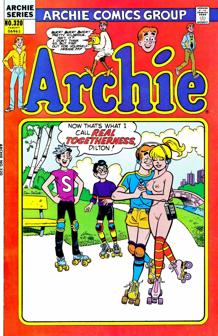 1girls 3boys archie_andrews archie_comics betty_cooper black_hair blonde_hair casual clothed_male clothed_male_nude_female cmnf comic_cover crown dilton_doiley electronics erect_nipples female footwear headphones human jughead_jones knee_pads knee_socks legwear nude_female pale_skin public roller_skates skating tagme