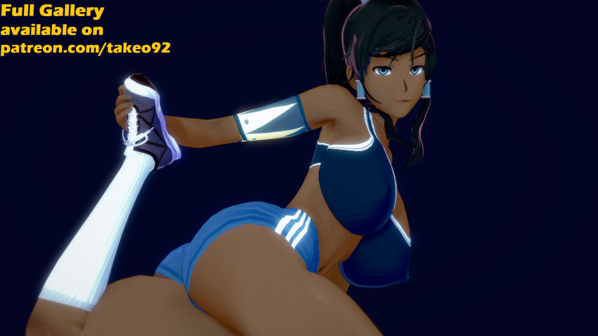 1girls 3d armband avatar_legends big_breasts blue_eyes bra clothing comic curvy dark-skinned_female dark_hair dark_skin erect_nipples_under_clothes exposed_ass female female_only gym_uniform holding_leg huge_breasts koikatsu korra large_ass large_breasts long_socks looking_at_viewer nipples_visible_through_clothing patreon ponytail shorts side_view sideboob simple_background sitting_on smile smooth_skin smug solo sports_bra stretching takeo92 text the_avatar the_legend_of_korra thick_thighs water_tribe wide_hips