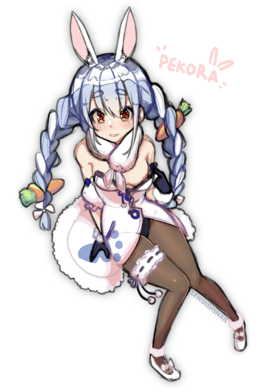 blue_hair dress hololive hololive_fantasy hololive_japan leggings lewdishsnail nipple nipple_peek nipple_slip nipples panties pulling_down_dress rabbit rabbit_ears red_eyes smile smiling solo solo_female twin_braids twintails usada_pekora virtual_youtuber white_dress