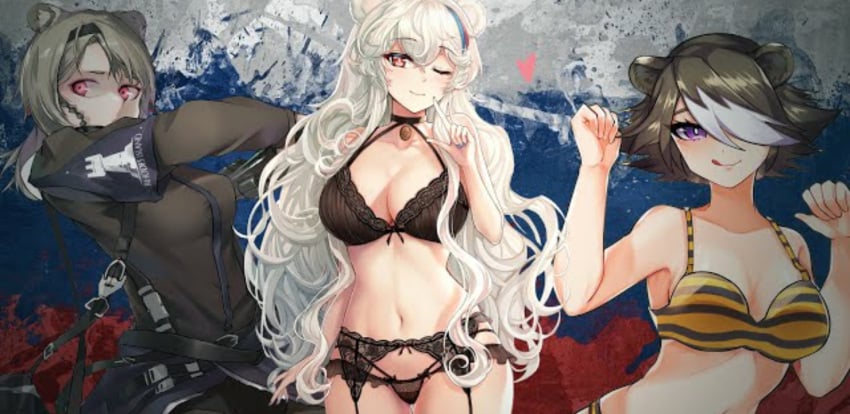 absinthe_(arknights) arknights bear_ears bear_girl beehunter_(arknights) big_breasts curly_hair female lingerie multicolored_hair rosa_(arknights) tagme white_hair winking