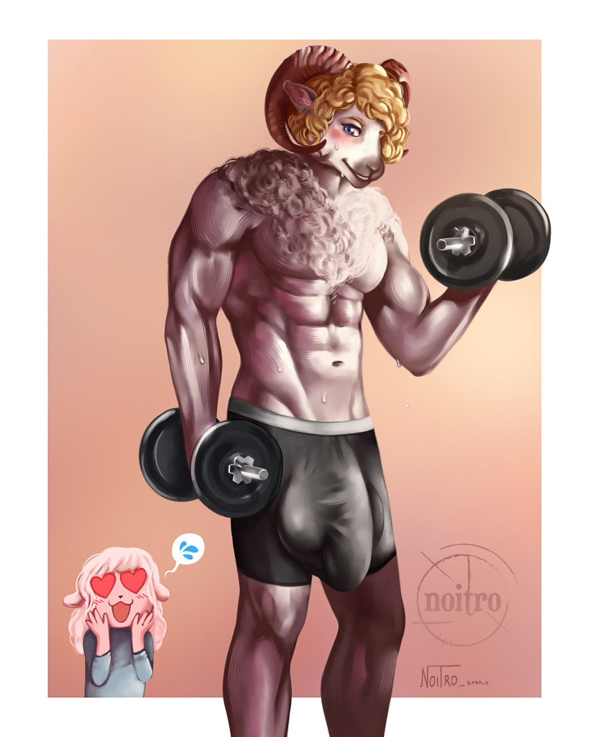 <3_eyes absurd_res anthro balls big_balls big_penis bodily_fluids bovid boxer_briefs bulge caprine clothed clothing dumbbell duo female flaccid genitals gradient_background heart hi_res horn huge_balls huge_bulge huge_cock hyper hyper_balls hyper_genitalia hyper_penis looking_at_viewer male male_focus mammal muscular noitro penis ram_horns sheep simple_background smile sport sweat underwear weights wool_(disambiguation)