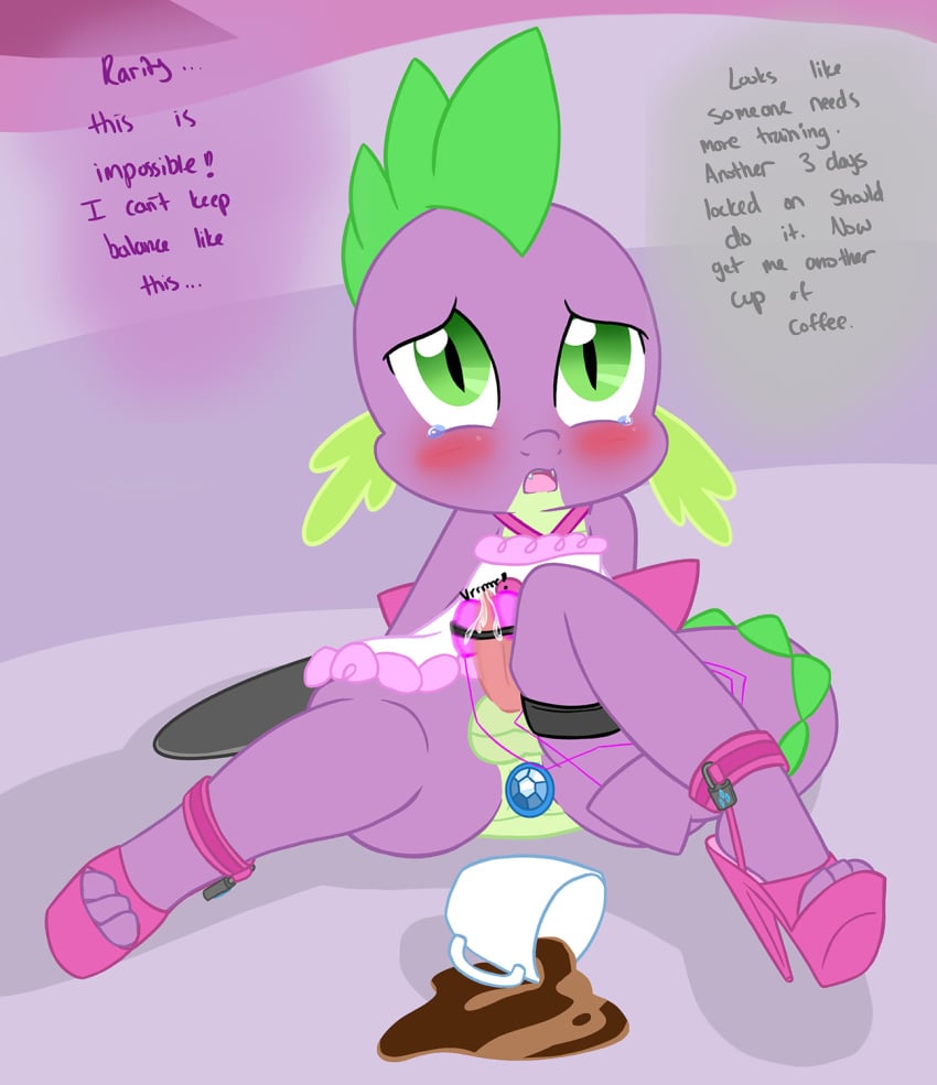 anthro beverage blush bodily_fluids buttplug clothing coffee cup dialogue dragon english_text footwear friendship_is_magic genital_fluids genitals girly green_eyes hasbro hi_res high_heels lock maid_uniform my_little_pony penile penis precum princess_plug pupils pyruvate sex_toy shoes sissification sitting sitting_on_floor slit_pupils smooth_skin spike_(mlp) tears text uniform vibrator